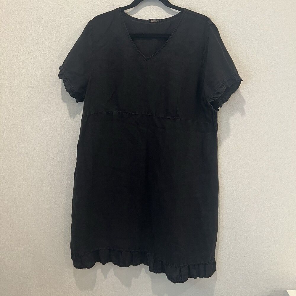 Match Point Women's Black V-Neck Short Sleeve Linen Ruffle Shift Dress L